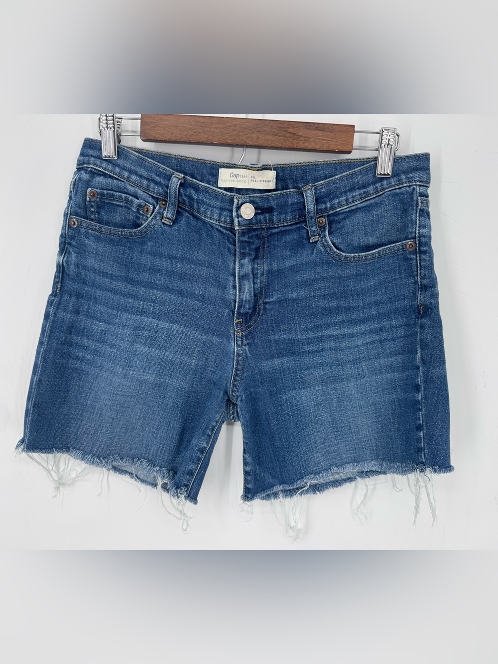 GAP Women's Medium Blue Distressed Denim "Real Straight" Shorts Size 29 Long